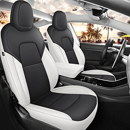 MeeKooMay Car Seat Cover for Tesla Mdel 3 2017-2023 Custom Fit Tesla Seat Cover Full Set Leather Car Interior Seat Airbag Compatible Cushion Cover (White+Black-Model 3)