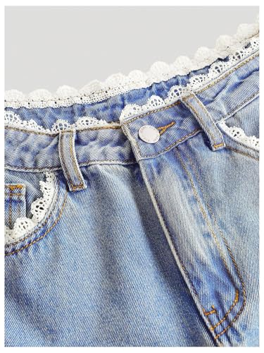Verdusa Girl's Lace Pearl Bow Jeans Wide Leg Denim Pants with Pockets3