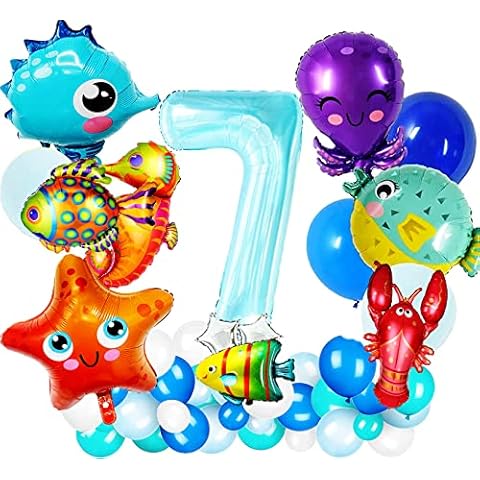 AMZPTBOY 45 PCS Ocean Animals Birthday Party Decoration,Marine Animal Balloons Set Number 7 Octopus Puffer Fishe Starfish Blue Sea Balloon for Kids Decor Under Supplies (No.7) Cover
