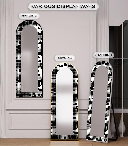 Specchio da pavimento a forma di punto monocromatico, lunghezza totale 50,8 cm x 160 cm (larghezza x altezza), specchio da pavimento con cornice nera e cornice dorata