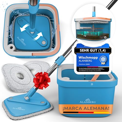 Conjunto de esfregona e balde com sistema de 2 compartimentos para água limpa e suja, esfregona auto-drenável com 2 almofadas de microfibra, roupa plana de limpeza e lava-chão, azul, ALANBERG