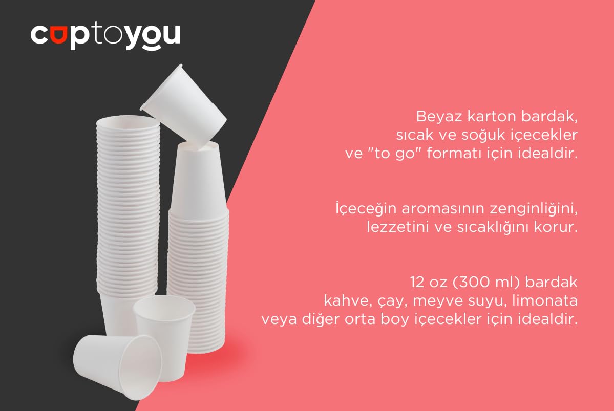 CUPTOYOU 12 oz beyaz tek kullanımlık karton bardak 300 ml, kahve, çay, ofis, ev ve parti kullanımı için bardaklar - 50'li paket
