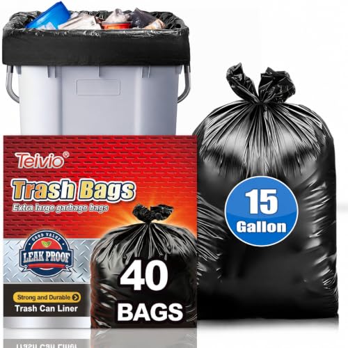 Image of Teivio Black Large Trash Bags 15 Gallon 40 Count 20 Gal Garbage Bags