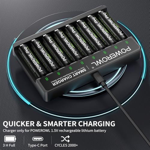 Image of POWEROWL Rechargeable Lithium AA Batteries with Charger, 1.5V Output 3600mWh Double A Battery 8 Pack for Blink Outdoor Camera, Game Controller