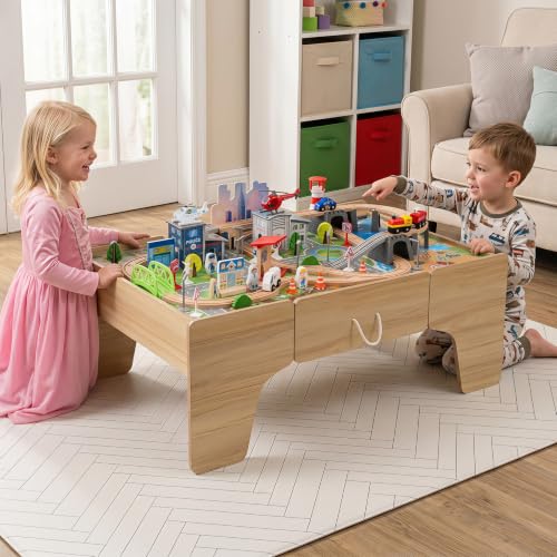 Image of Costzon 110-Piece Wooden Train Table with Drawer for 3+ Years Old Toddlers | 3-in-1 Kids Activity Play Set w / Reversible Tabletop, Storage Space, Train Tracks, Figures, Vehicles, and Buildings
