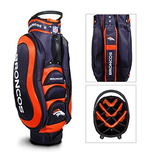 Team Golf NFL Denver Broncos Medalist Golf Cart Bag, 14-way Top with Integrated Handle & External Putter Well, 5 Zippered Pockets, Padded Strap, Umbrella Holder & Removable Rain Hood