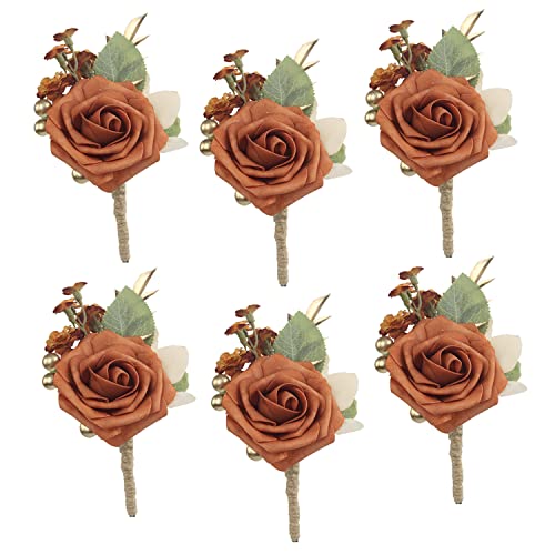 Rinlong 6Pcs Terracotta Boutonnieres for Men Wedding Groom Burnt Orange Boutonniere Fall Rustic Boho Groomsmen Accessories