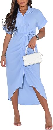 CutieLove Womens Button Down Ruched Shirt Dresses Casual Short Sleeve Belted Summer Maxi Dress