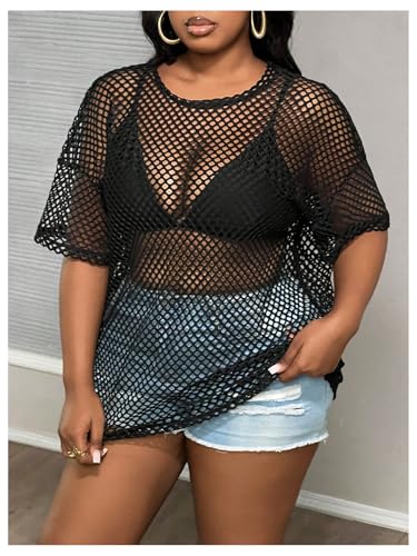 GORGLITTER Women's Plus Size Fishnet Shirt Tops Crochet See Through Short Sleeve Crew Neck Loose Y2K Fish Net Tees Top3