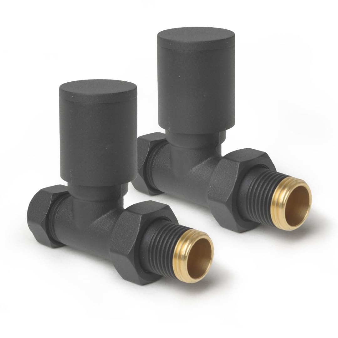 Anthracite Straight Radiator Valves Round Modern Radiator Valves Pair of 15mm x 1/2" Set of 2 for Heated Towel Rails & Central Heating Radiators Anthracite Radiator Valve Set — image 1