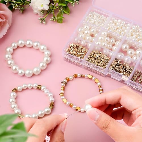 Image of SANNIDHI 720pcs Pearls Beads for Jewellery Making Kit, Pearl Beads for Bracelet Making, Assorted Sizes Pearl Round Beads Set Spacer Charms Golden Beads with Tools for DIY Crafts, Earrings, Necklace