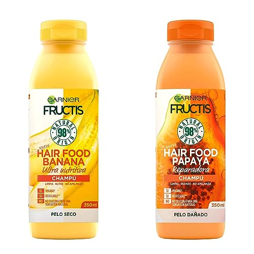 Garnier Fructis Hair Food Champú Nutritivo de Banana para Pelo Seco - 350 ml & Fructis Hair Food Champú de Papaya Reparadora para Pelo Dañado - 350 ml
