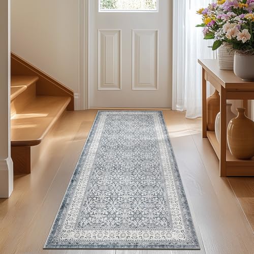 jinchan Runner Rug 2x6 - Machine Washable Grey Vintage Floral Distressed Design Soft Non-Slip Low-Pile Ultra-Thin Runner Rug for Kitchen Hallway Laund