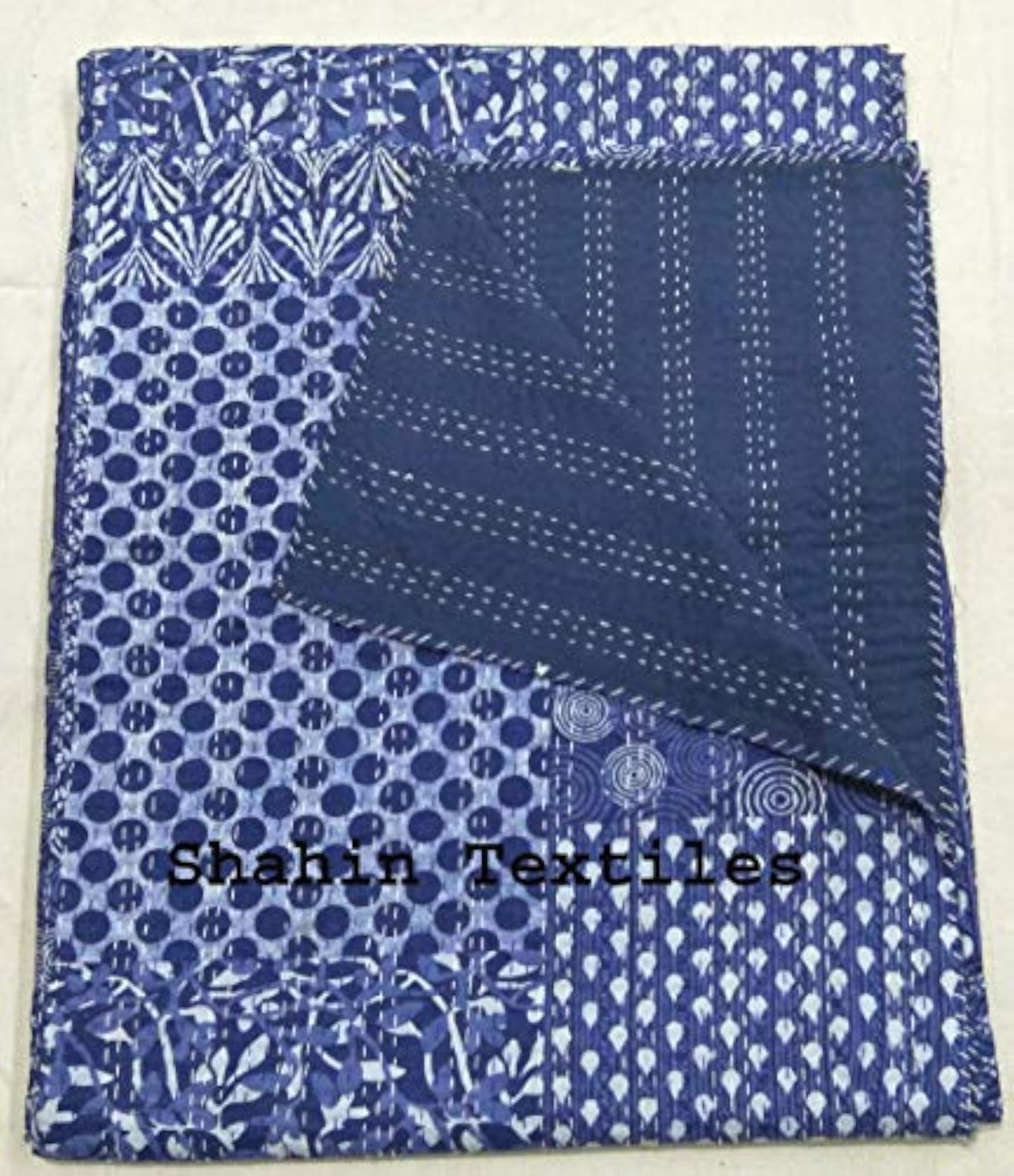 Multi Color Printed Kantha Quilt, Handmade Coverlet