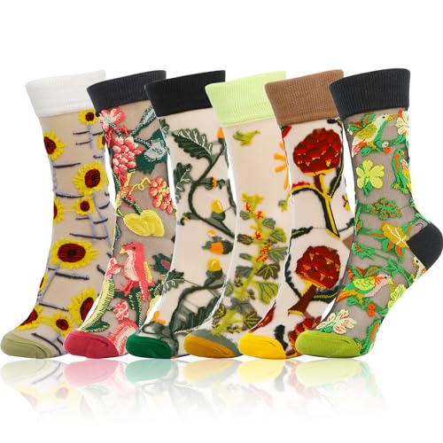 Image of 6 Pairs Women Floral Sheer Socks Elastic See Through Mesh Lace Jacquard Transparent Socks, 5-7.5