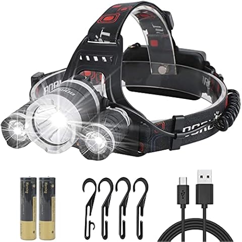 BORUIT RJ-3000 Rechargeable Head Torch with 3 White Lights,6000 Lumens Super Bright 4 Modes LED Headlight,Hands-Free Flashlight Headlamp with 4 Clips for Running, Camping, Fishing, Cycling, Hiking Cover