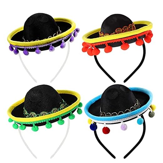 Lot de 4 mini sombrero mexicain, costume de fête Cinco De Mayo Fiesta – Bandeaux sombrero en paille, mini chapeau de paille amusant pour fête, carnaval, été, fête à thème mexicain (noir)