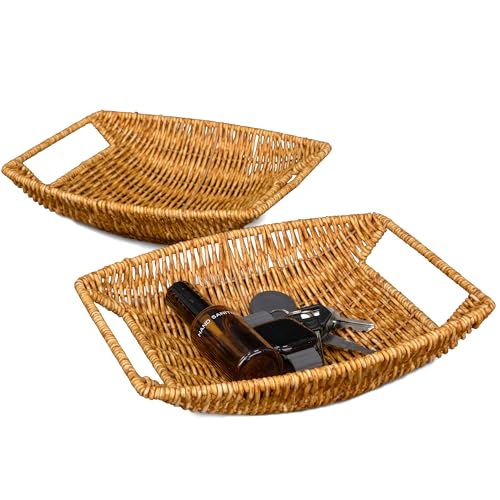 myHomeBody 小物収納バスケット、籐編みバスケット、小物置き、藤編みかご、玄関 鍵置き、収納カゴ、アクセサリートレイ、メガネ置き、お菓子入れ、フルーツトレー、2個セット - アンバー