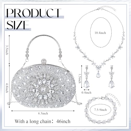 Image of Quelay 4 Pcs Purse Rhinestone Jewelry Set for Wedding Bridal Women Evening Clutch Bag Necklace Dangle Earrings Bracelets