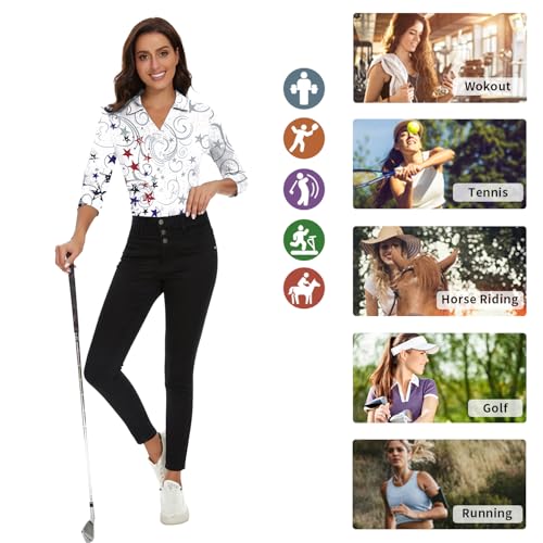 Image of Soneven Womens Golf Polo Shirts 3 /4 Long Sleeve V Neck Button Down Shirts Business Causal Work Blouses Tops