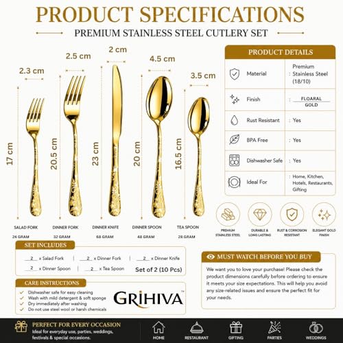 Image of 10 Pcs Gold Floaral Stainless Steel Cutlery Set for Dining Table with Spoons and Forks Set + Butterknives - The Perfect Tableware /Flatware