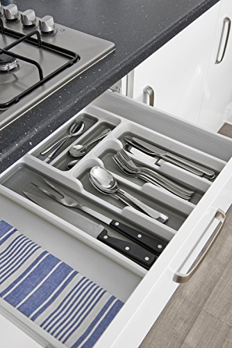 Addis Premium Soft touch 6 Compartment Cutlery Drawer Organiser Tray, White and Grey 6 Sections