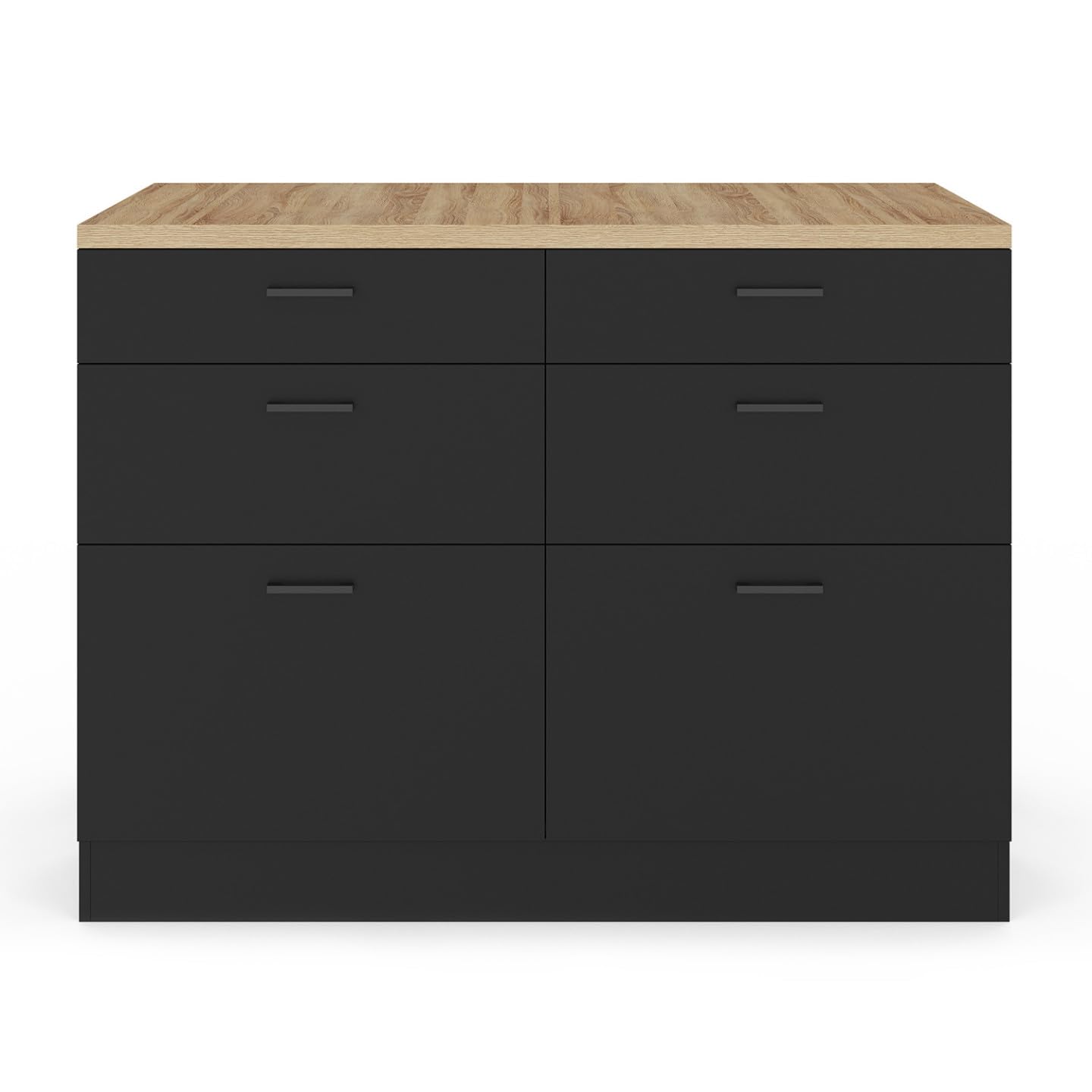 IDMarket - Ilot Central Mange-Debout Orso 120 cm casserolier 6 tiroirs Noir avec Plan de Travail façon hêtre