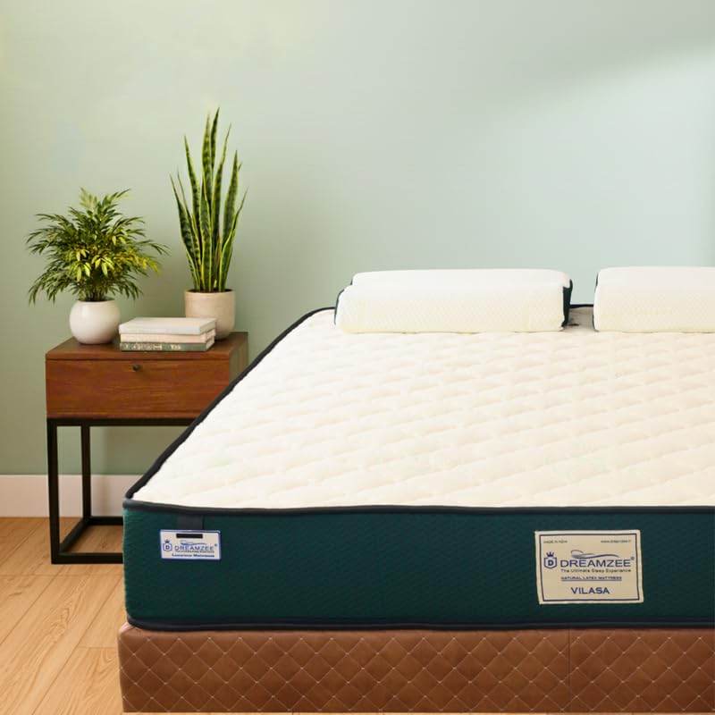 DREAMZEE Vilasa™ 100% Full Natural Latex Mattress King Size 78x72x5 Inches + 2pc Latex Pillow (Worth ₹6000) | Mono-Zone | Natural Series | Medium Comfort | Eco-Institut Certified | 12 Years Warranty