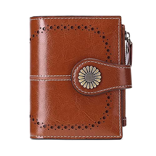 Women's Genuine Leather Wallet, Stylish Small and Simple Short Bifold Coin Purse (Brown)