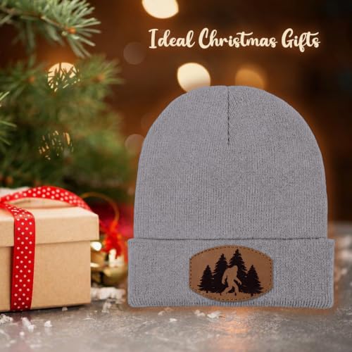 Image of Big Foot Beanie Hat, Sasquatch Leather Patch Winter Knit Skull Cap Bigfoot Gifts for Adult Men Women