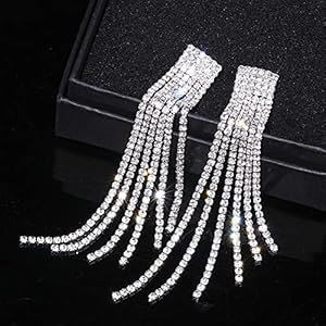 Zilver Kleur Strass Kristal Lange Tassel Oorbellen voor Vrouwen Bruids Drop Bungelende Oorbellen Bruiloft Sieraden