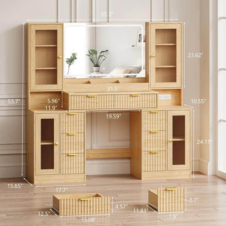 Image of Fluted Makeup Vanity Desk with Mirror and Lights, 55 inch Glass Top Vanity with 8 Drawers & 4 RGB Glass Cabinets, Adjustable Shelves & Power Outlet, Modern Dressing Table Set for Women Girls Bedroom