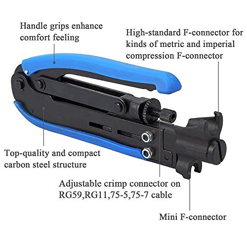 KOTTO Coax Cable Crimper Kit, Compression Tool Coax Cable Crimper Kit, Adjustable RG6 RG59 RG11 75-5 75-7 Coaxial Cable Stripper with 20 PCS F Compression Connectors