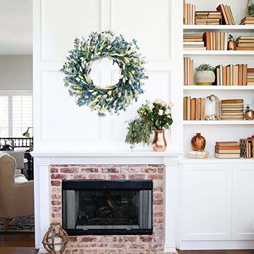 24-Inch-Summer-Spring-Blue-Ivory-Lavender-Flower-Wreath-for-Front-Door-Rustic-and-Farmhouse-Wild-Flowers-Wreath-for-Inside-and-Outside-Coastal-Blue-Home-Decorating 24 Inch Summer Spring Blue Ivory Lavender Flower Wreath for Front Door Rustic and Farmhouse Wild Flowers Wreath for Inside and Outside Coastal Blue Home Decorating