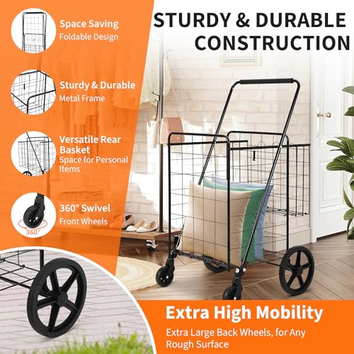 Large Folding Shopping Cart with Wheels, Rolling Foldable Grocery Cart with Double Basket, Portable Collapsible Utility Cart for Laundry, Luggage Camping, Locking Latch