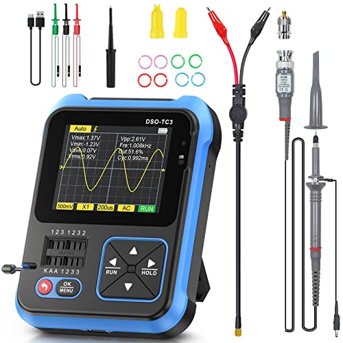 [Display colorato da 2,4 pollici] Il tester per transistor dispone di un display colorato da 2,4 pollici, che può visualizzare i dati in curva in modo preciso e chiaro, facile e comodo da leggere. La frequenza di campionamento in tempo reale dell'oscilloscopio è di 10 ms/s e la larghezza di banda di 500 kHz. Il generatore di segnale dispone di uscita regolabile da 1-1000 kHz. Frequenza, 3,3 - Tensione di uscita V e 0-100% in uscita.