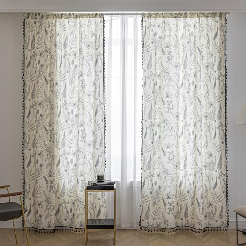 Image of Black Floral Curtains 84 Inches Long, Boho Farmhouse Light Filtering Rod Pocket Drapes with Tassel Trim for Bedroom Living Room, 2 Panels