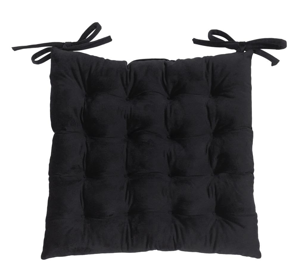PRIME LINENS Velvet Chair Seat Pads with Ties Strap 16 Stitch Ultra Soft Comfortable Seat Pad Adjustable Seat Cushions for Kitchen Dinning Living Room (Pack Of 1, Black)
