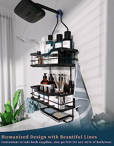 Consumest Shower Caddy Over Shower Head With Soap Holder, No Drilling Hanging Shower Organizer With 4 Movable Hooks, Rustproof & Waterproof Hanging Shower Caddy Shower Storage Rack, Black #TOP2