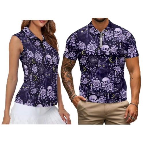 ZFRXIGN Cat Skull Matching Golf Shirts for Couples Womens Golf Shirt