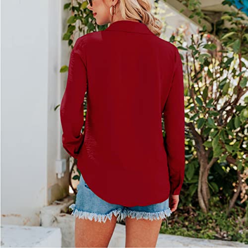 Arjosa Women's Long/Short Sleeve Button Down Shirts Office Work Business Casual Blouses Tops (Small, A Red) #TOP2