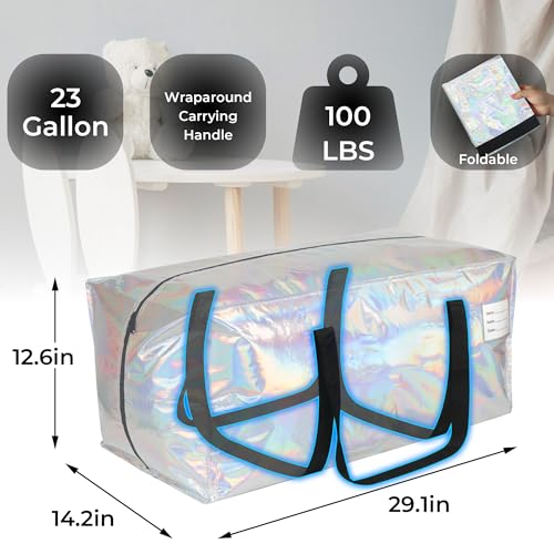 VTSVTS 6 Pack Extra Heavy Duty Large Moving Bags with Comfortable Handle & Strong Zipper,Storage Totes for Space Saving Moving Storage College Supplies Alternative to Moving Box,Iridescent - image 2