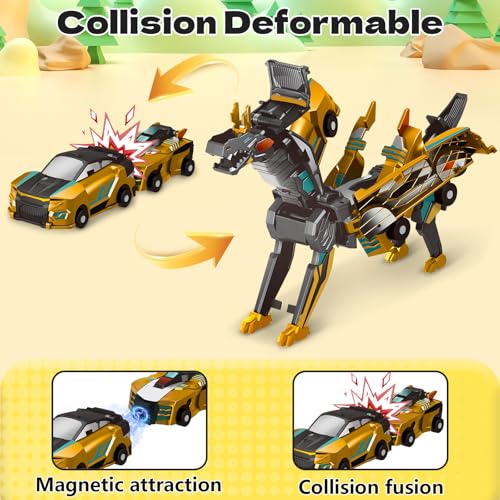 Image of Intoypad Magnetic Collision Transforming Dinosaur Car Toy (Golden Dragon) | 2 Magnetic Cars Transform into Dinosaur Toys for Kids Toddler Fun Deformation Dino Car Birthday Christmas Gift Toys for Boys
