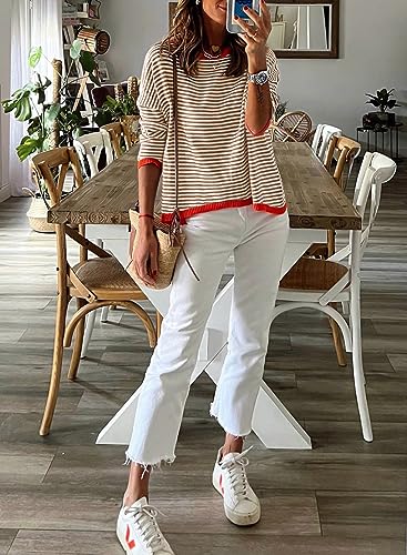 Image of Dokotoo Women's Long Sleeve Sweaters Casual Crewneck Fashion Fall Striped Color Block Shirts High Low Pullover Sweater Tops
