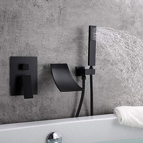 KunMai Modern Waterfall Wall-Mount Tub Filler Faucet & Handshower in Chrome/Black (Black)