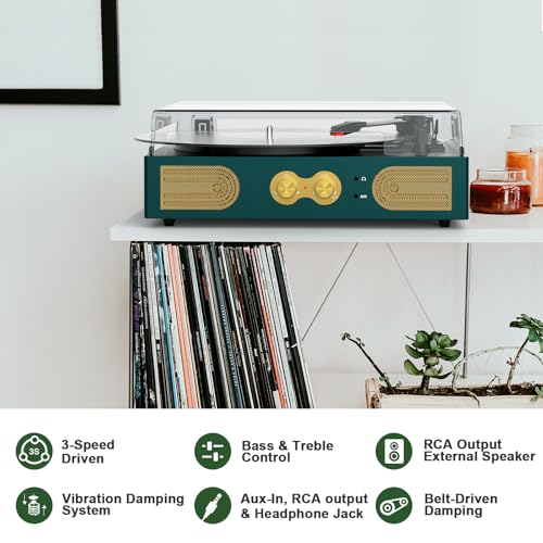 Image of Vinyl Record Player Vintage 3-Speed Turntable with Built-in Stereo Speakers, Bass /Treble Control, Headphone Jack, RCA Output,AUX Input, Belt-Driven LP Player, Green