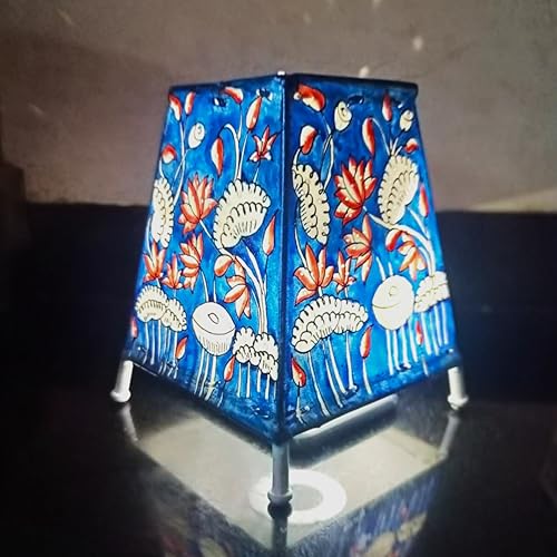 Image of Andhra Leather Craft Lamp Shade, Small (6 inch x 4 inch / Set of 1) - Blue Floral (Square) 2 meter wire with bulb holder and socket included - Handpainted Leather Table Lamp: Tholu Bommalata