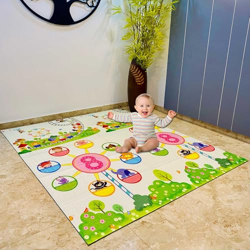 Image of Premium Reversible Baby Play Mat | Extra Large Soft Foam Crawling Mat for Babies & Toddlers | Non-Slip, Waterproof, Easy to Clean | Multicolor Foldable Learning Play Mat for Indoor & Outdoor (6.5 X 5 ft, 0.8 cm Thickness) Elephant-Circus, Multicolor