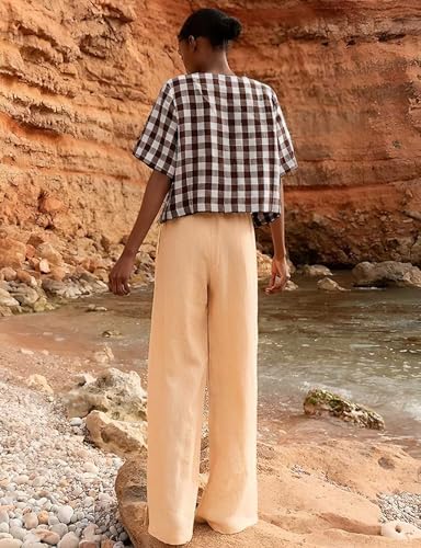 chouyatou Women's Gingham Button Down Shirt Cotton Shirt Plaid Blouses Short Sleeve Summer Tunic Tops3