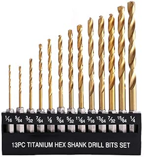 COMOWARE Titanium Twist Drill Bit Set - 13 Pcs Hex Shank High Speed Steel for Wood Plastic Aluminum Alloy, Quick Change, 1/16
